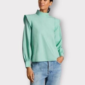 NWT EVERLANE The Wing Shoulder Mock Neck Ruffle Long Sleeve Blouse Green Size 8